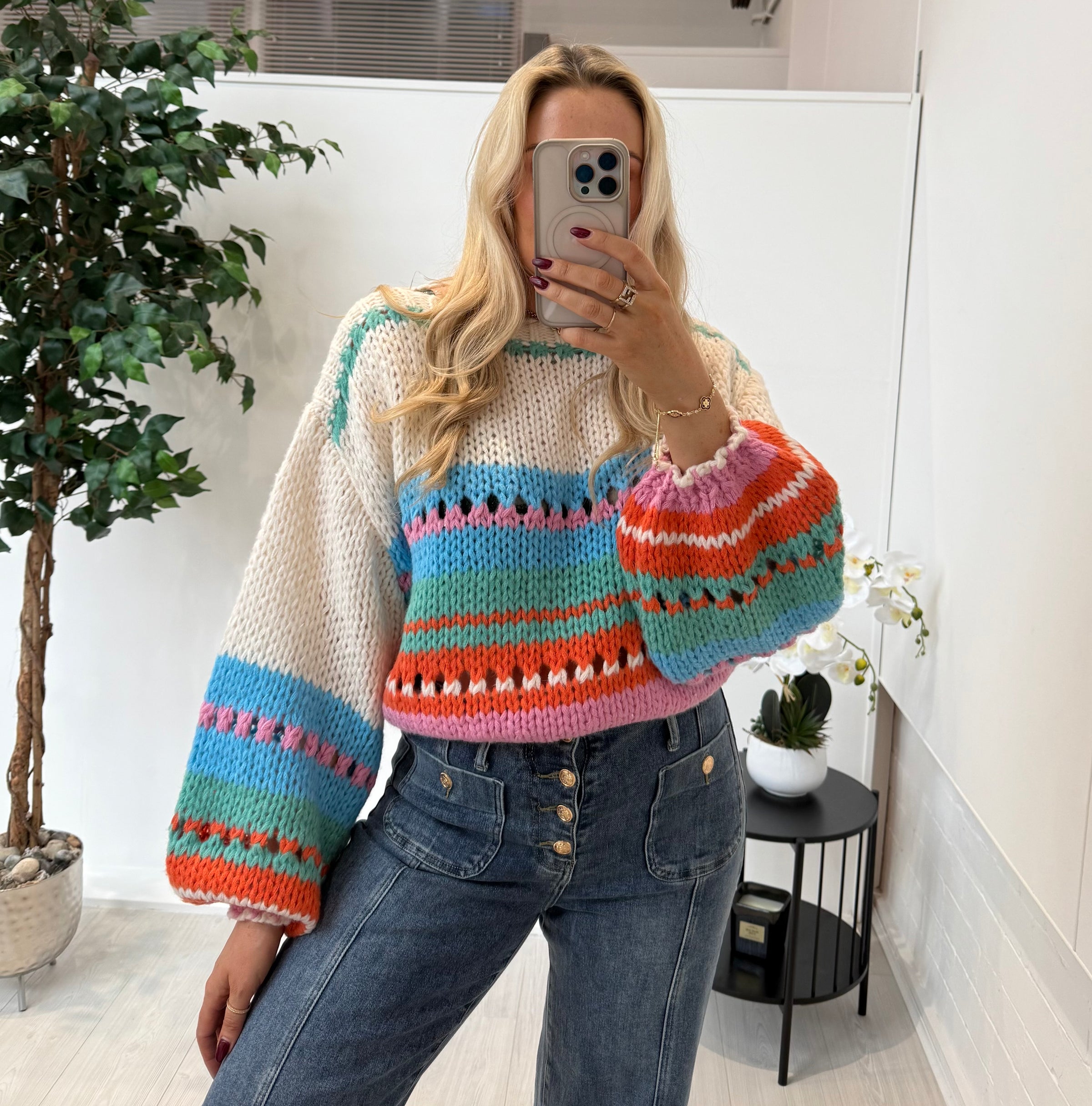 Serena Striped Knitted Jumper In Cream