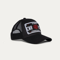 Christian Rose Iconic II Red Rose Plate Trucker Cap In Back/White/Red