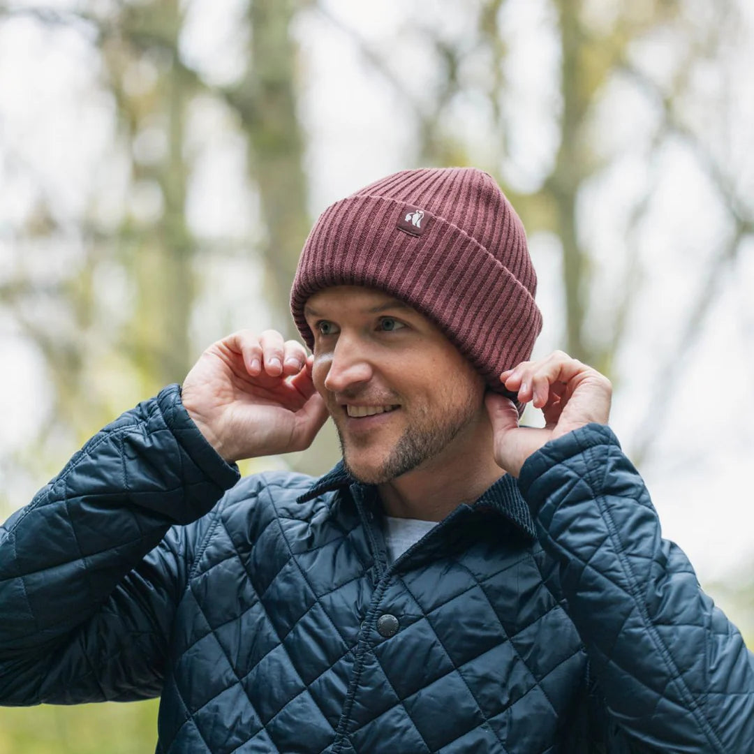 Organic Cotton Beanie In Burgundy/Brown