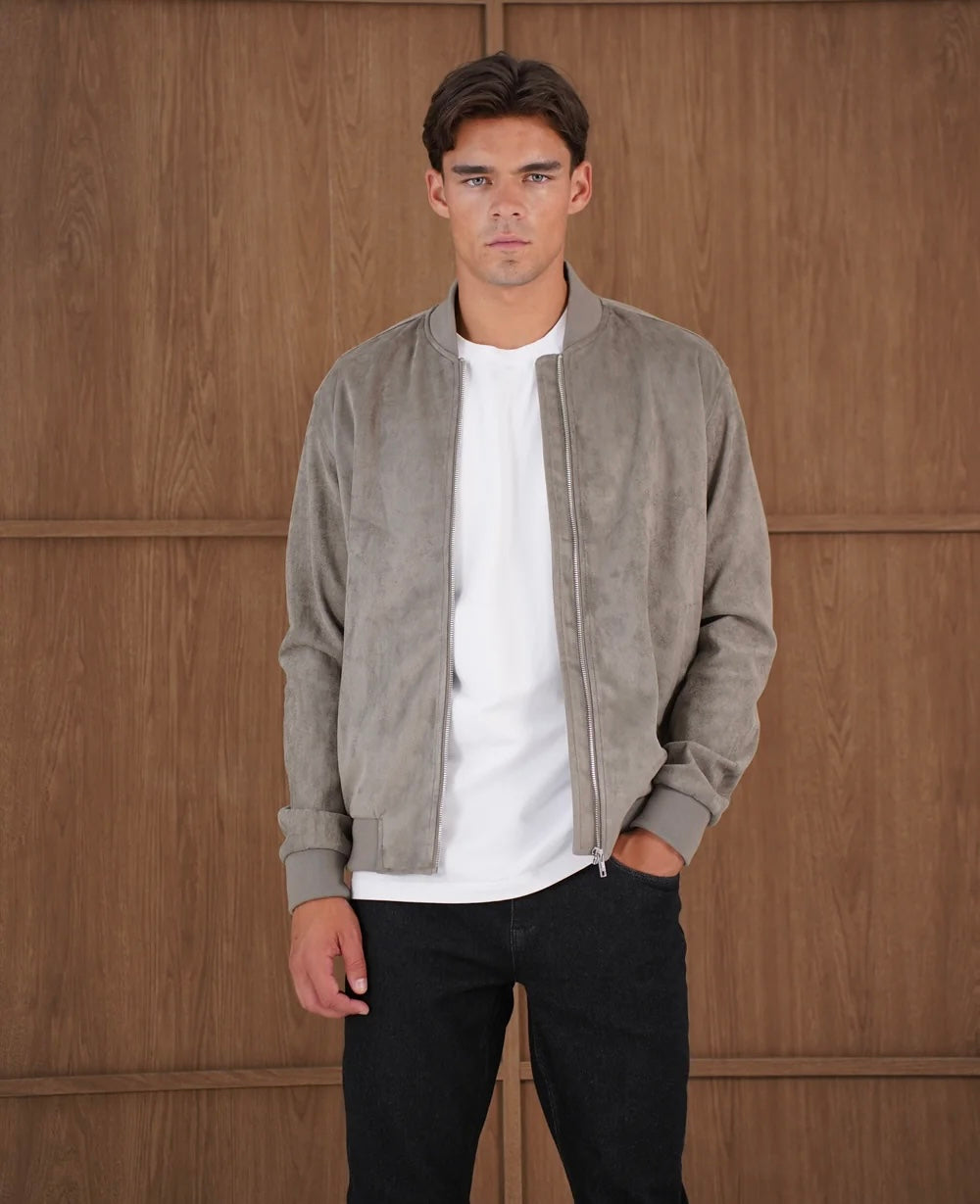 Capo Faux Suede Bomber Jacket In Olive