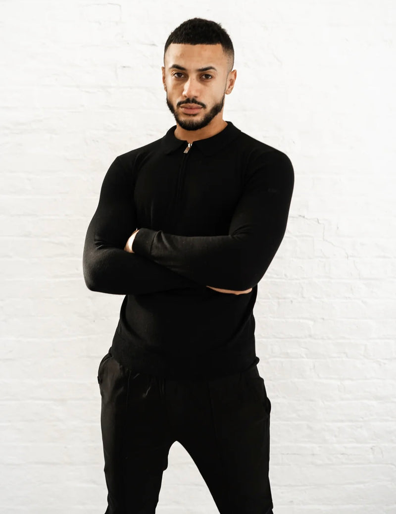 Capo Egyptian Cotton LS Zip Polo Shirt In Black