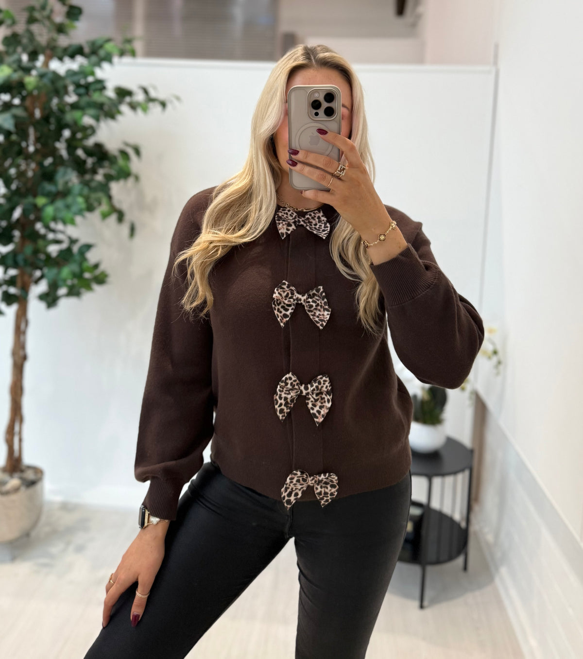Maeve Leopard Bow Jumper In Chocolate