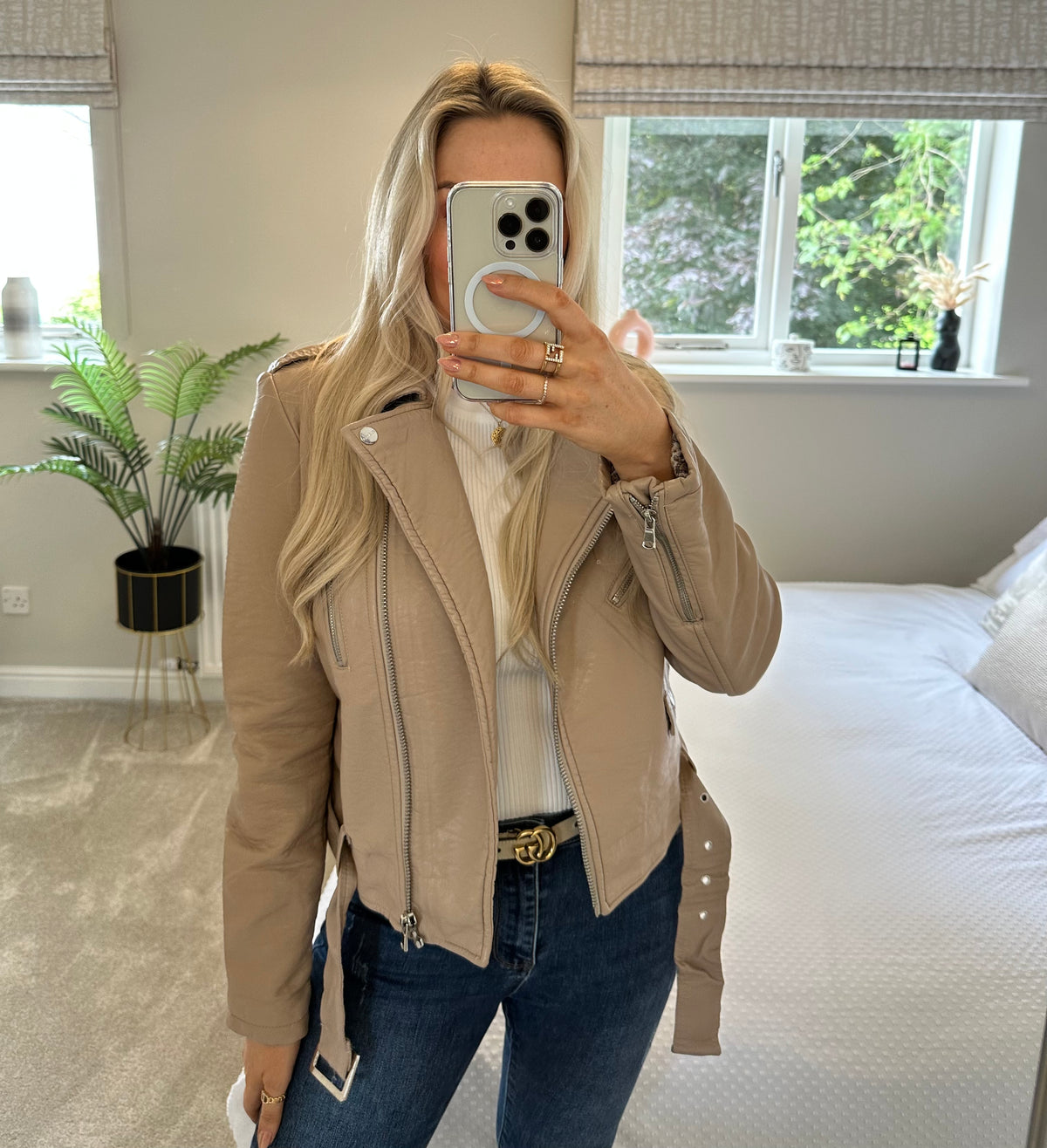 Farrah Leather Look Jacket In Beige