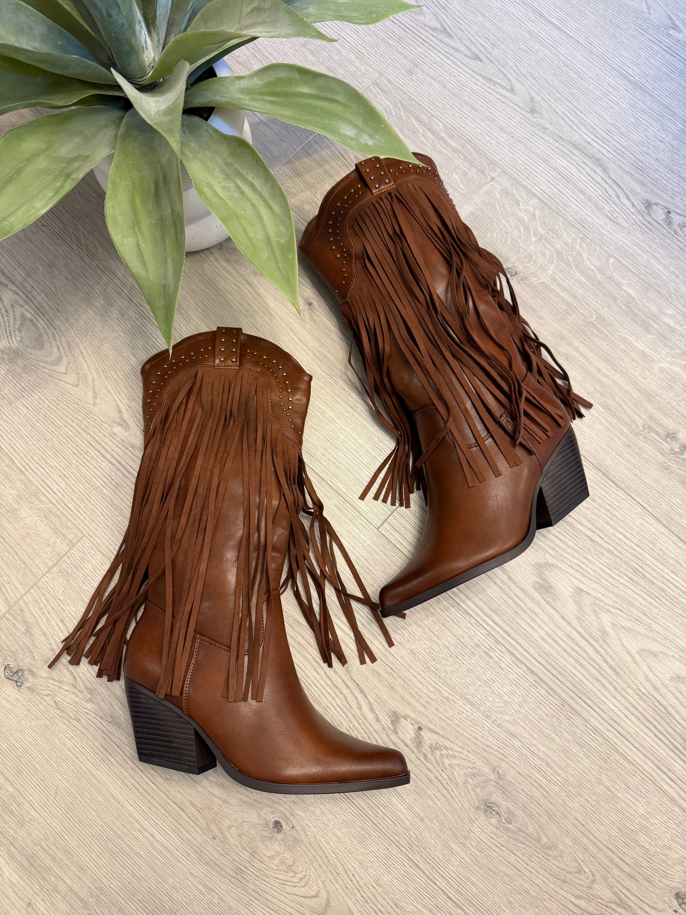 Tassel Western Cowboy Boots In Tan