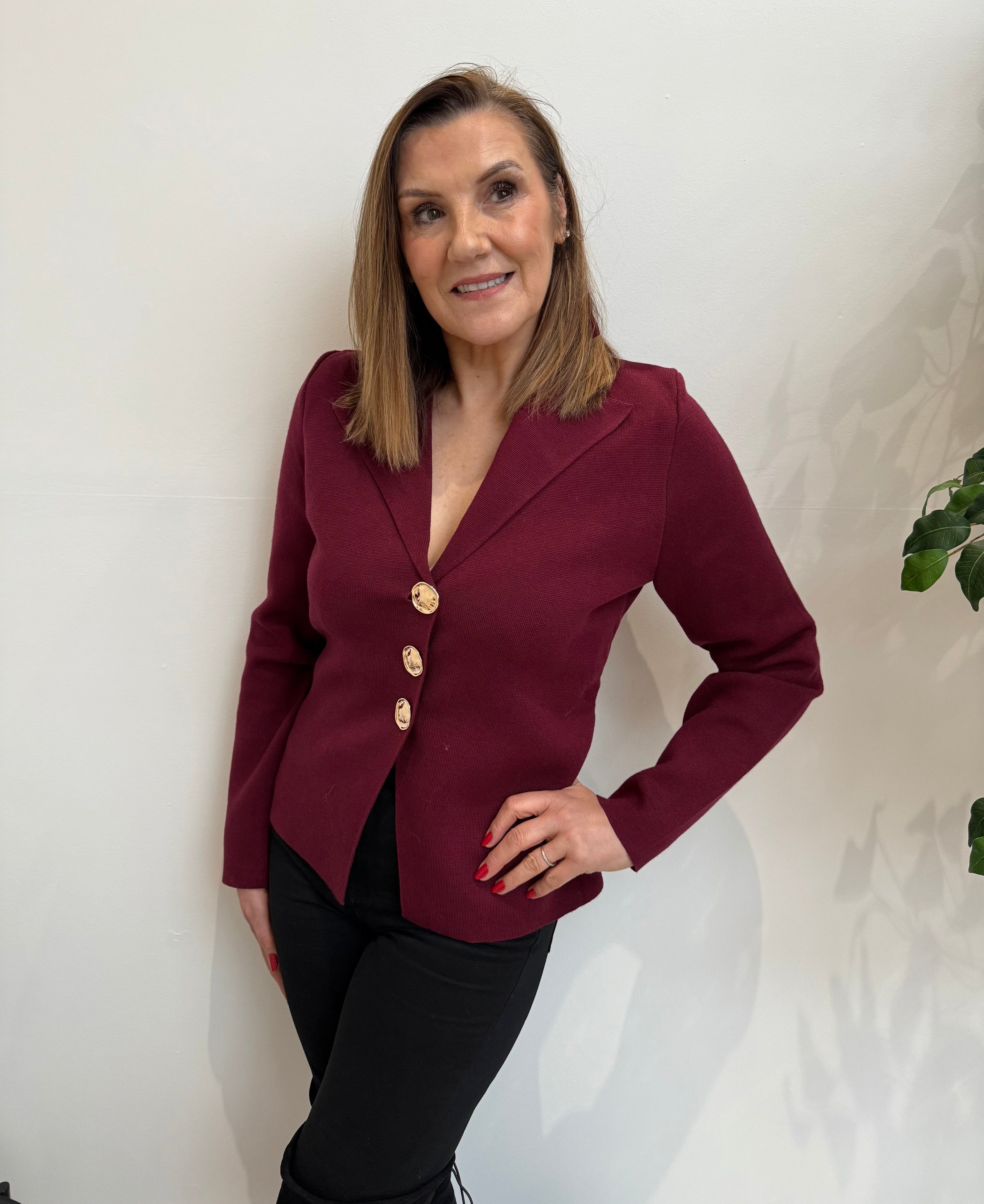 Nikki Gold Button Top In Burgundy