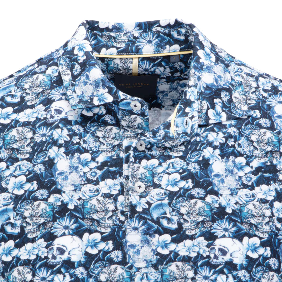 Guide London Floral Skull Polo Shirt In Blue