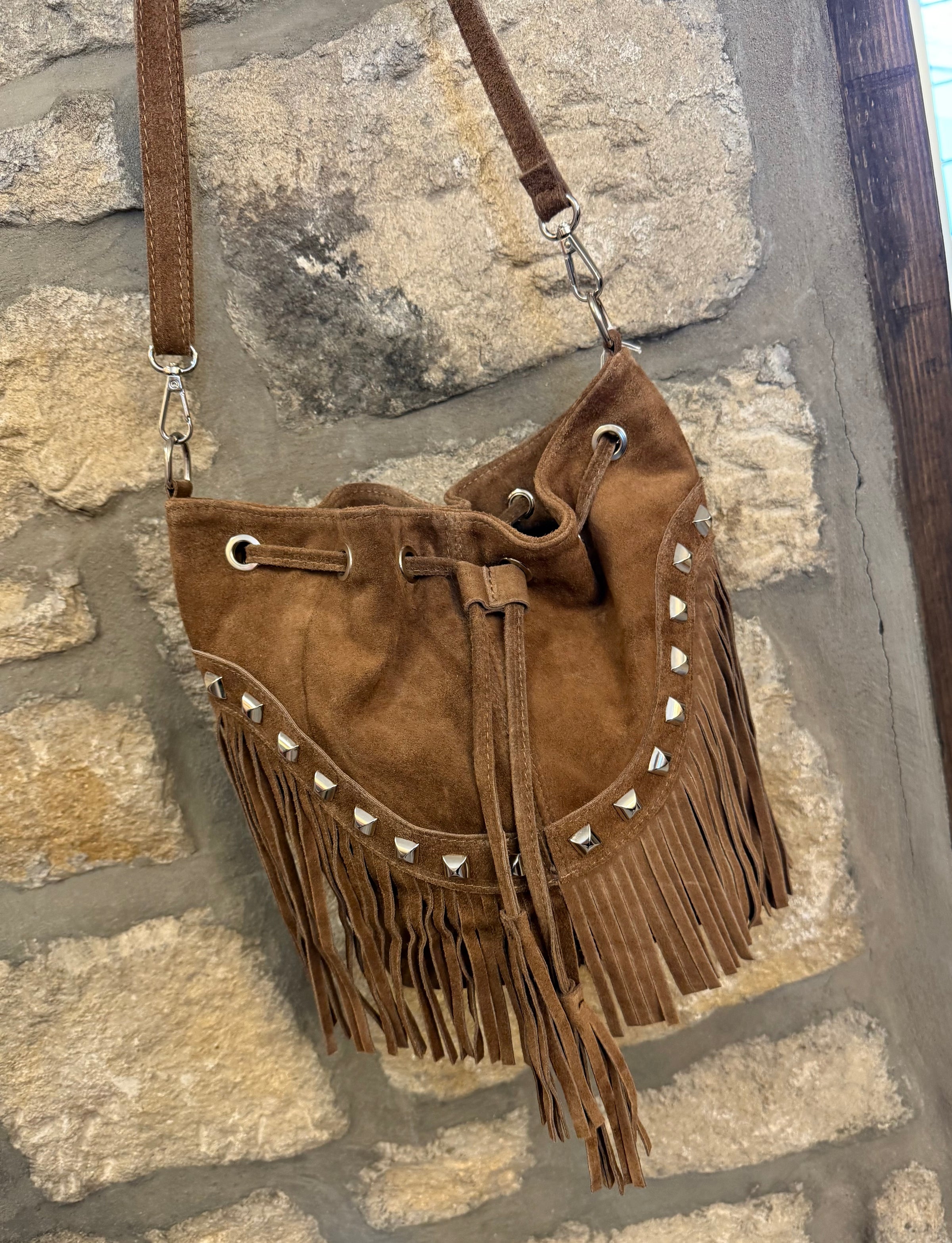 Studded Tassel Bag In Taupe