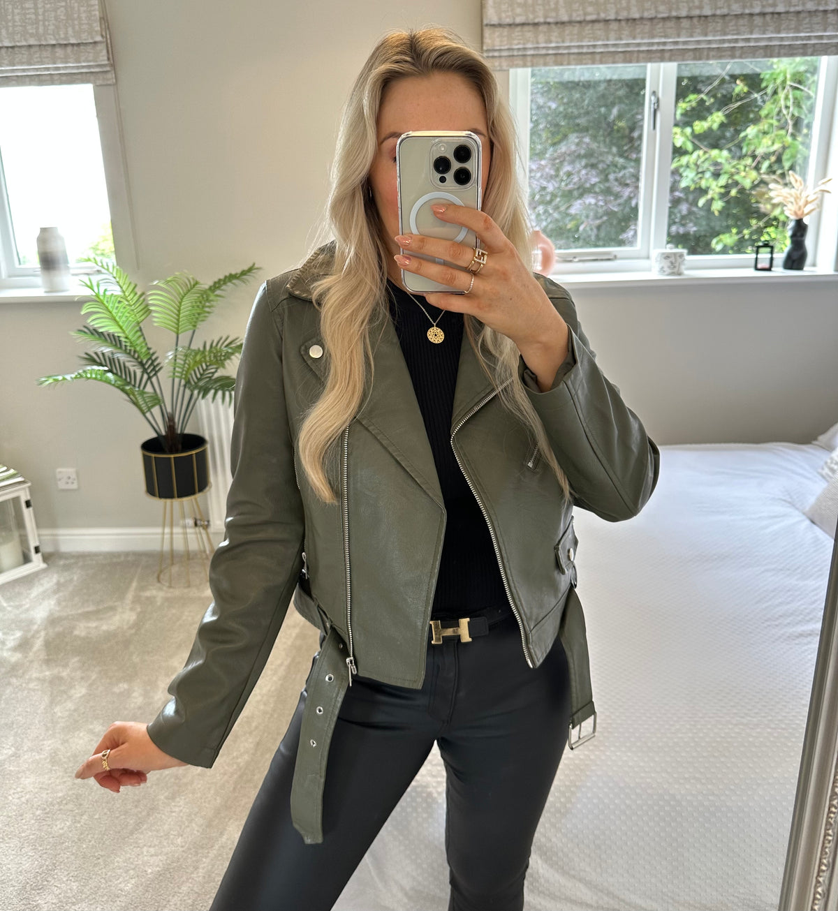 Farrah Leather Look Jacket In Khaki