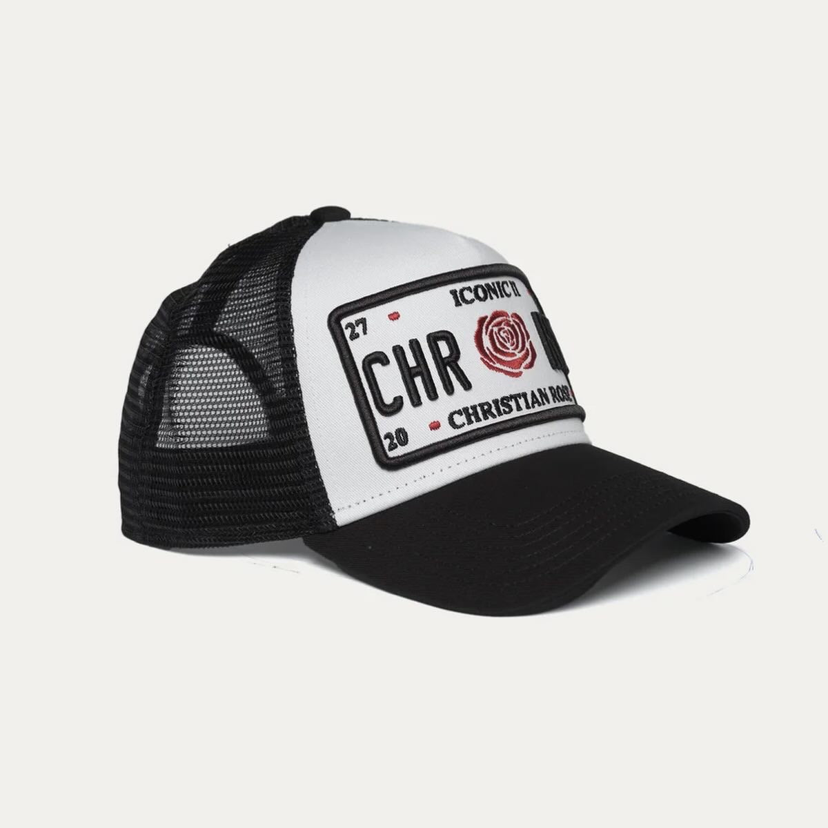 Christian Rose Iconic II Red Rose Trucker Cap In White/Black/Red