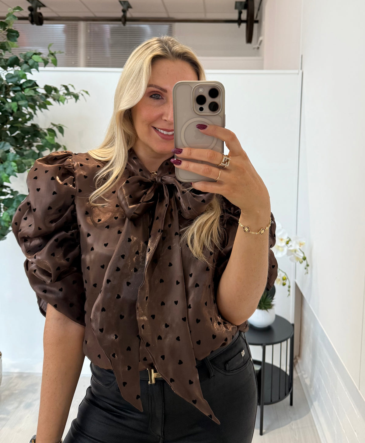 Hallie Heart Print Pussy Bow Blouse