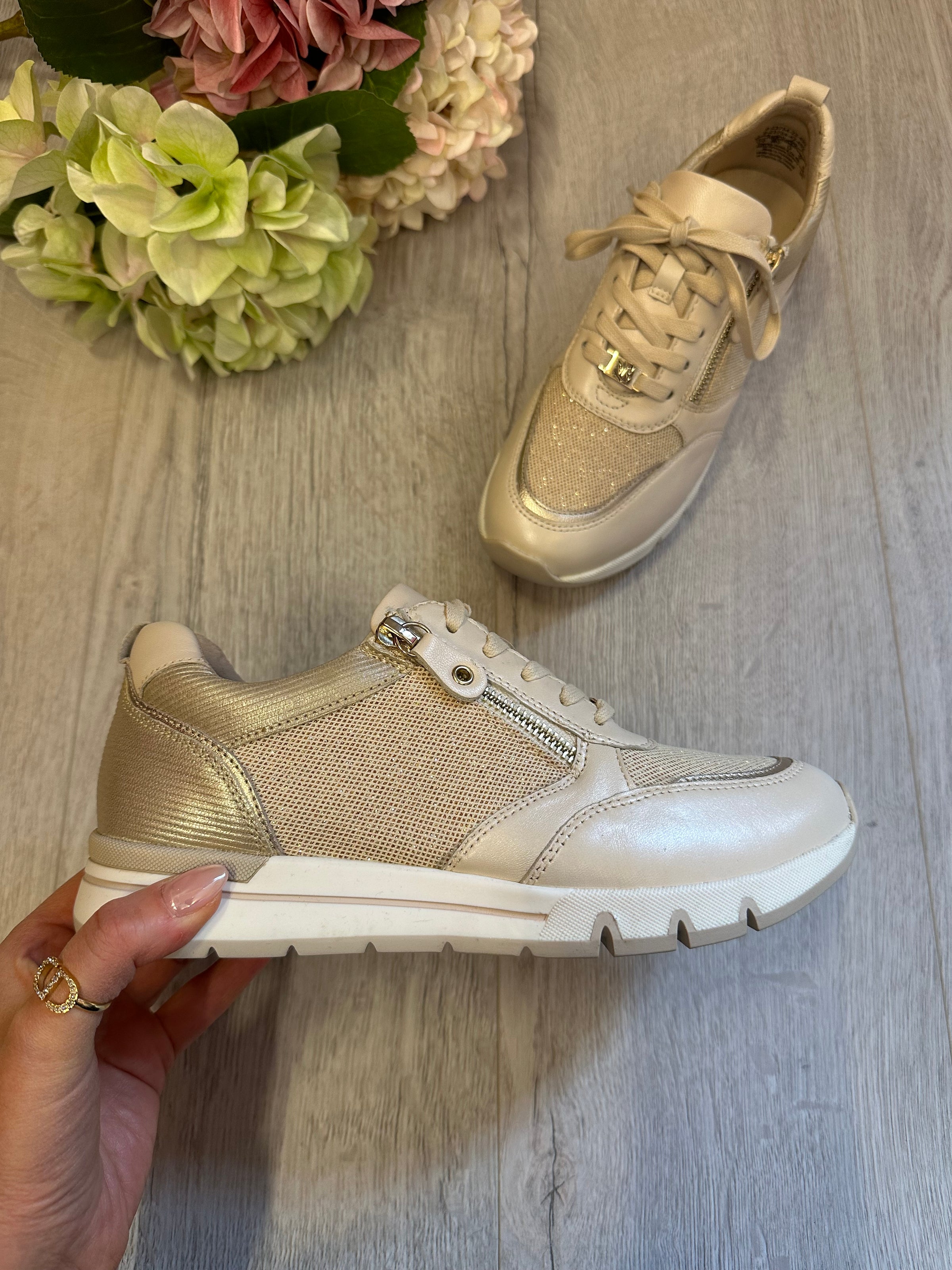 Caprice Leather Chunky Trainers In Cream/Gold