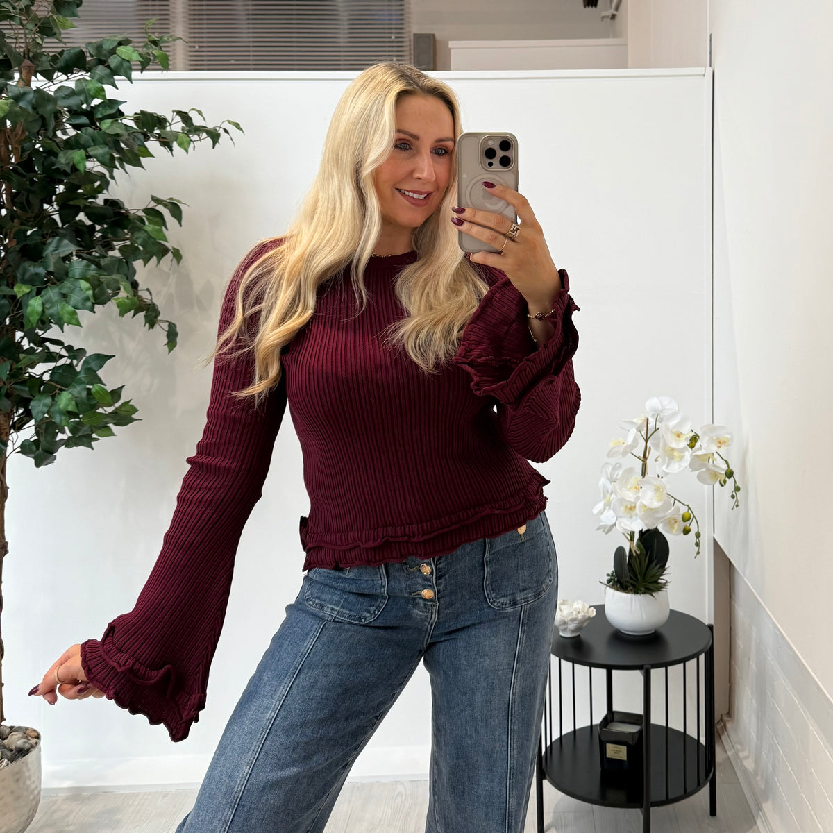 Jessie Ribbed Jumper In Burgundy