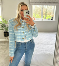 Chloe Cropped Tweed Blazer In Blue