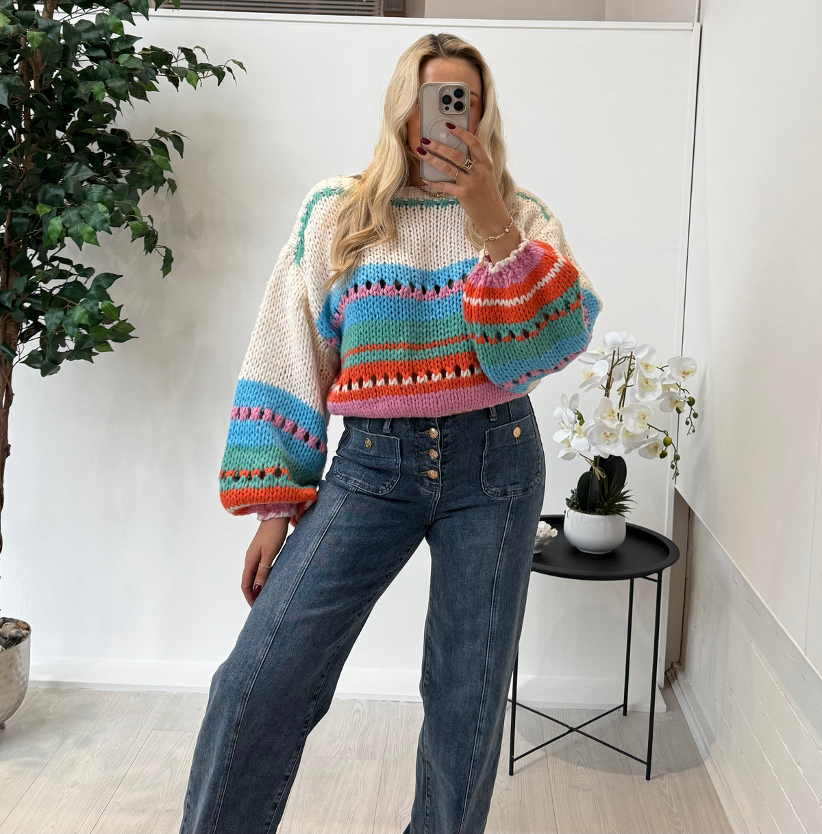 Serena Striped Knitted Jumper In Cream