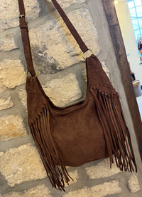 Faux Suede Tassel Bag In Chocolate