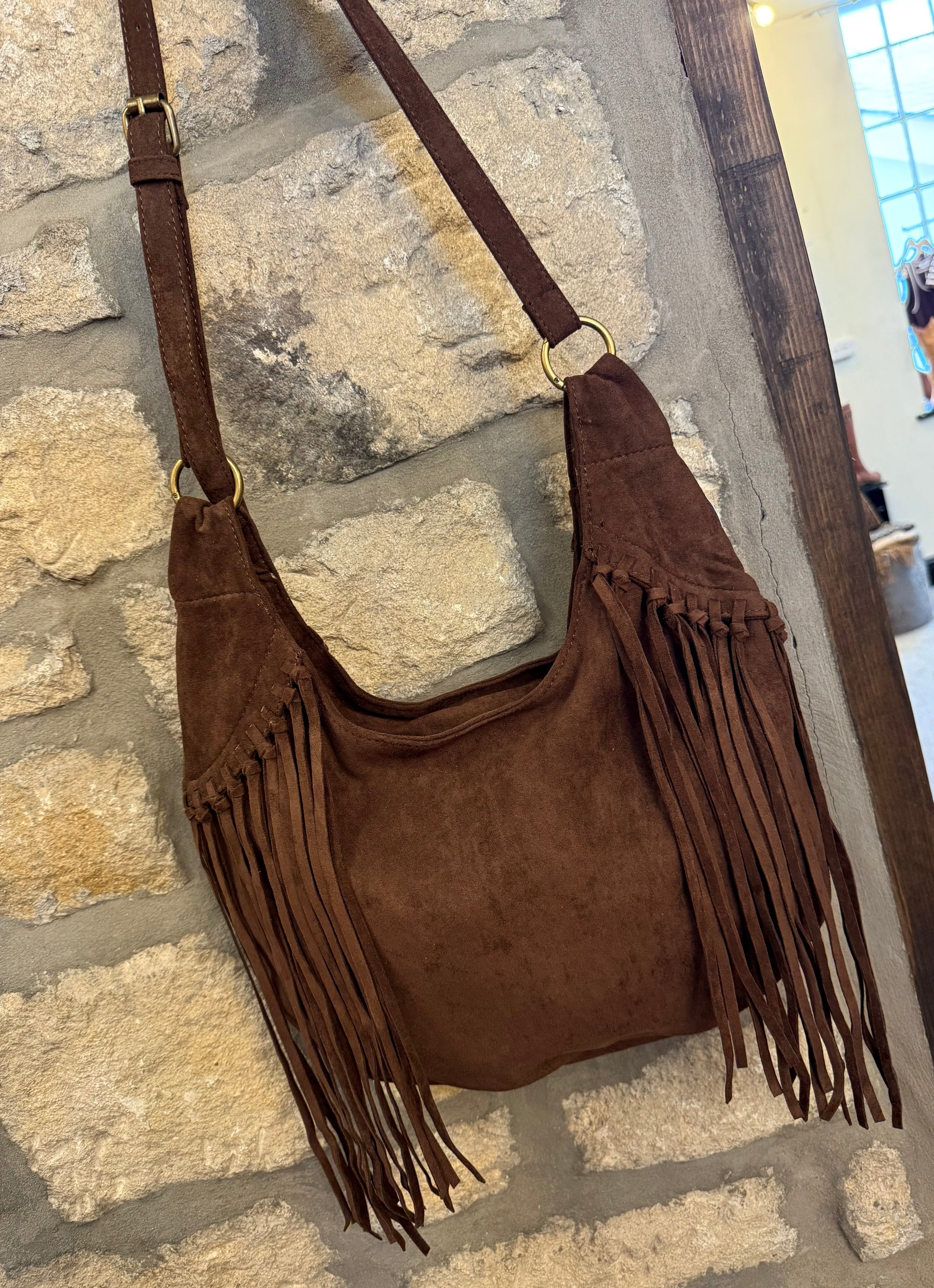 Faux Suede Tassel Bag In Chocolate