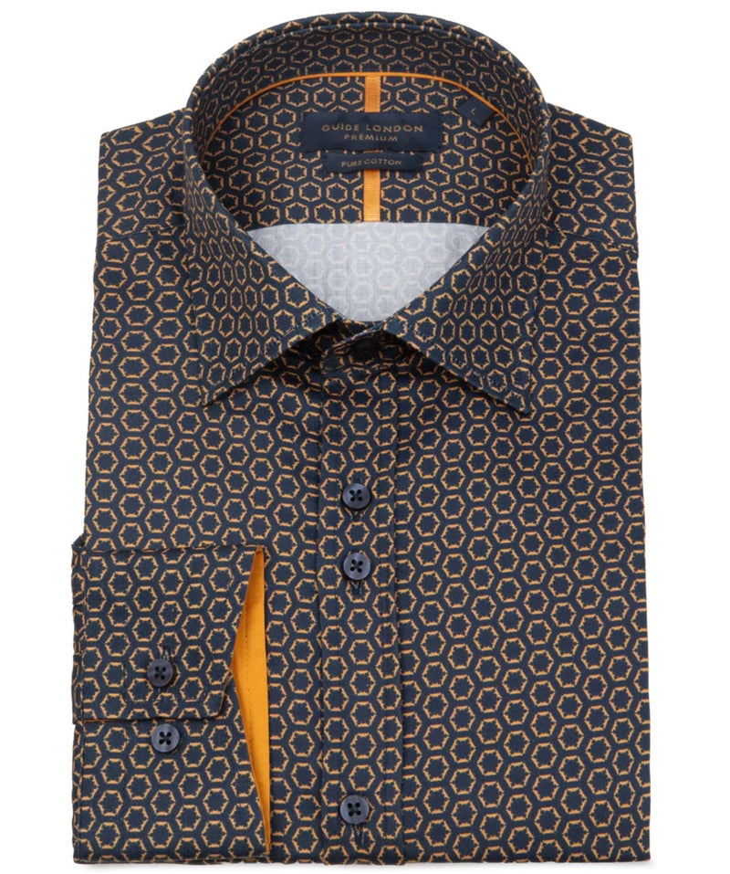 Guide London Geometric Print Shirt In Navy/Tan