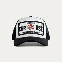 Christian Rose Iconic II Red Rose Trucker Cap In White/Black/Red