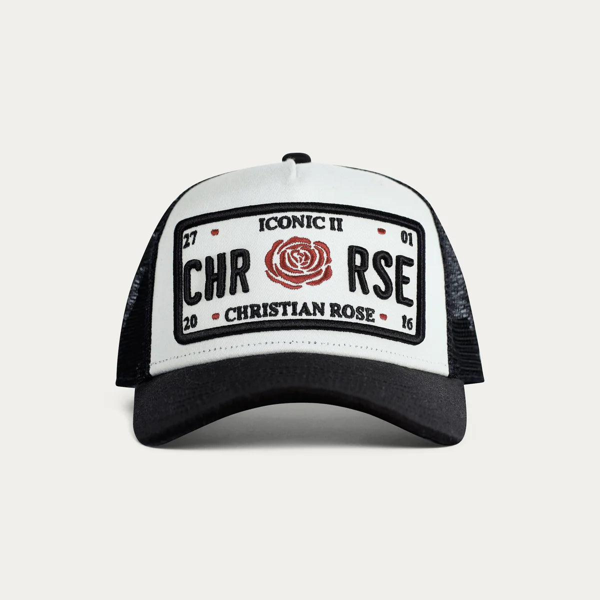 Christian Rose Iconic II Red Rose Trucker Cap In White/Black/Red
