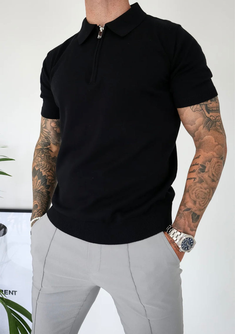 Capo Egyptian Cotton SS Zip Polo Shirt In Black
