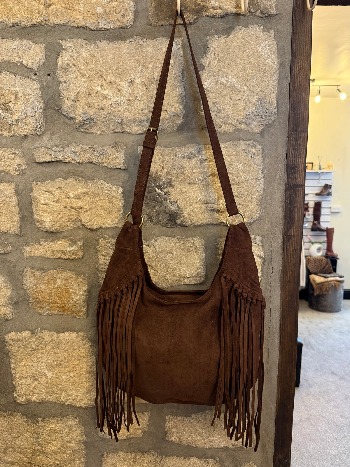 Faux Suede Tassel Bag In Chocolate