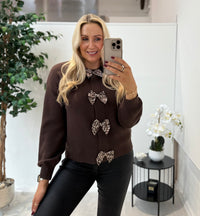 Maeve Leopard Bow Jumper In Chocolate