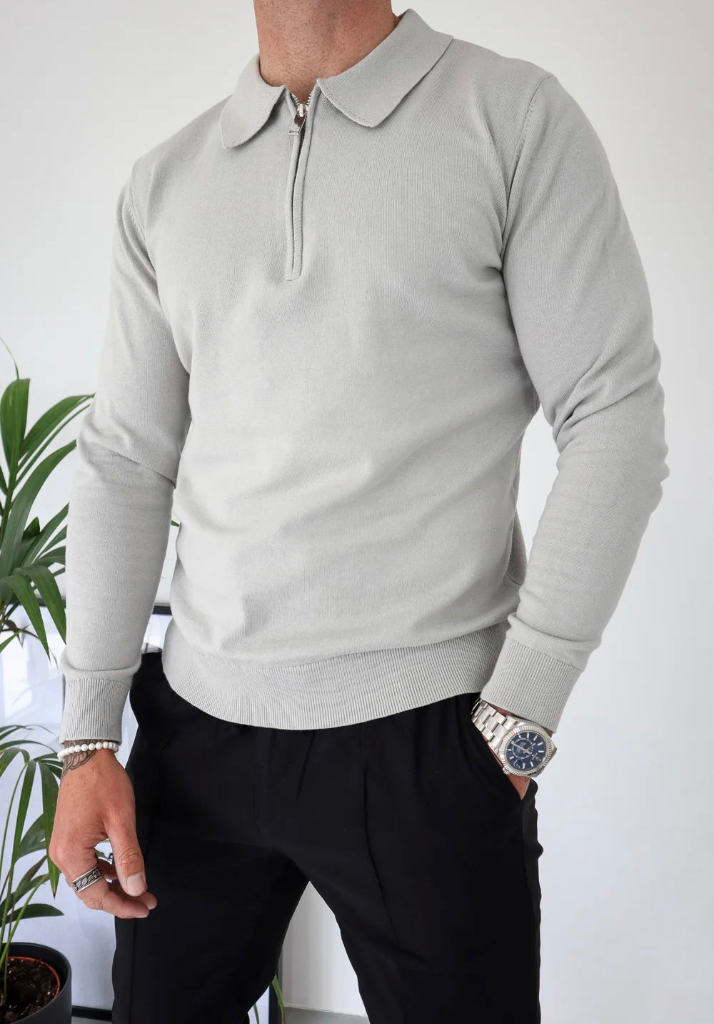 Capo Egyptian Cotton LS Zip Polo Shirt In Stone