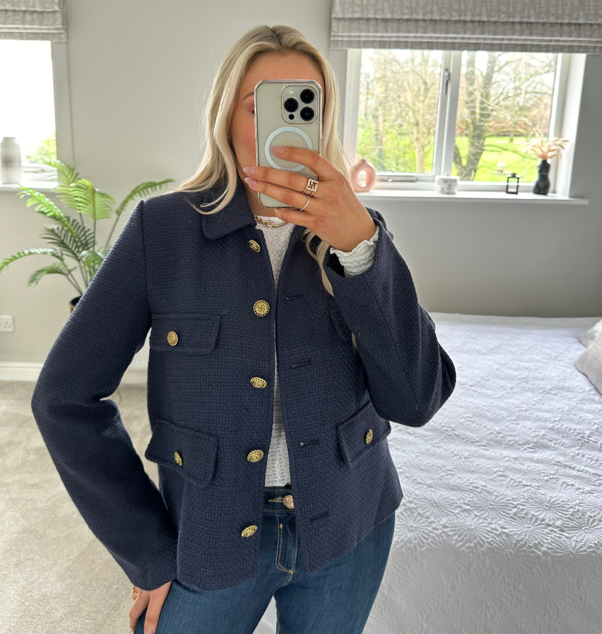 Camila Woven Blazer In Navy