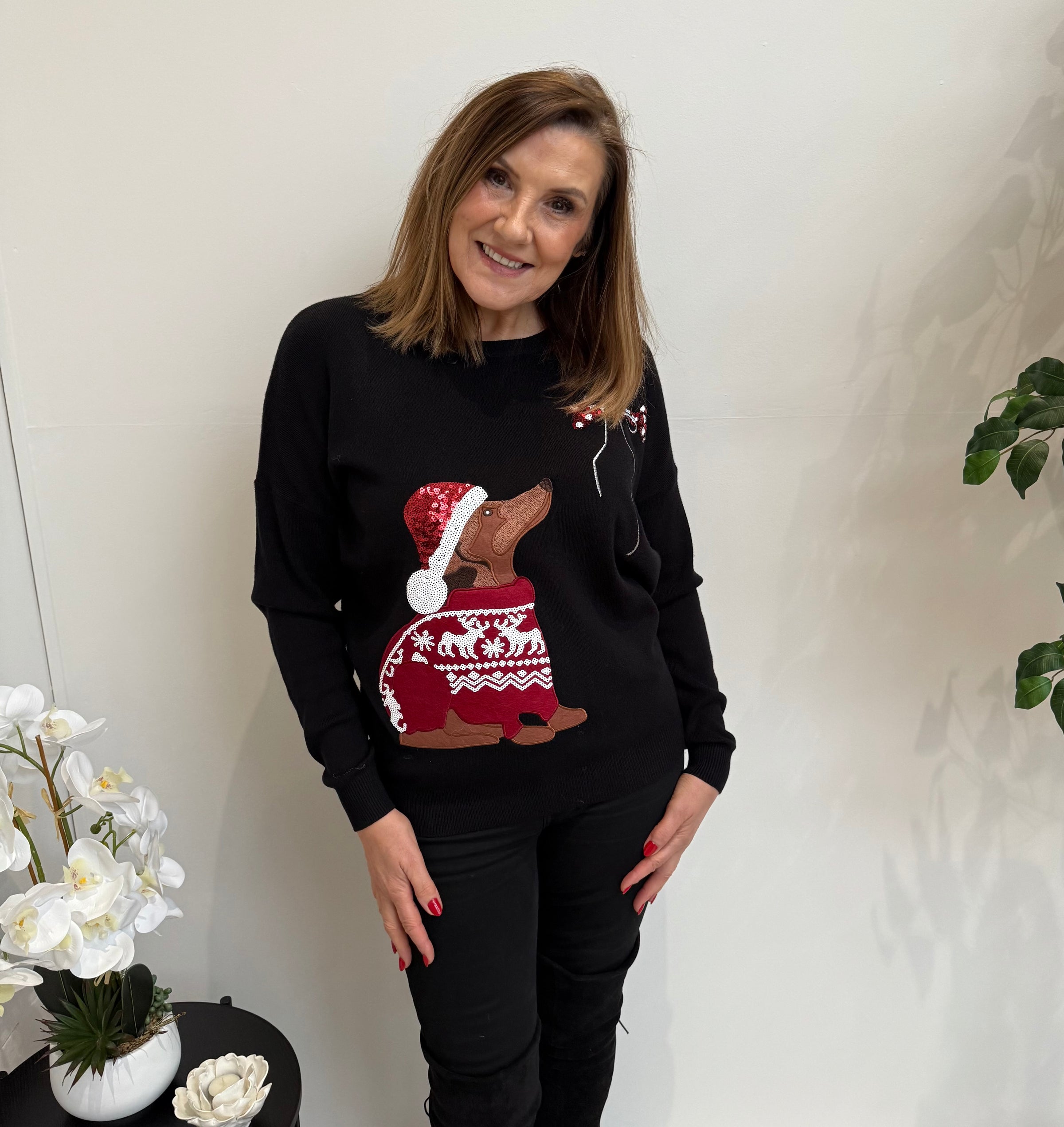 Dachshund Sausage Dog Christmas Jumper In Black