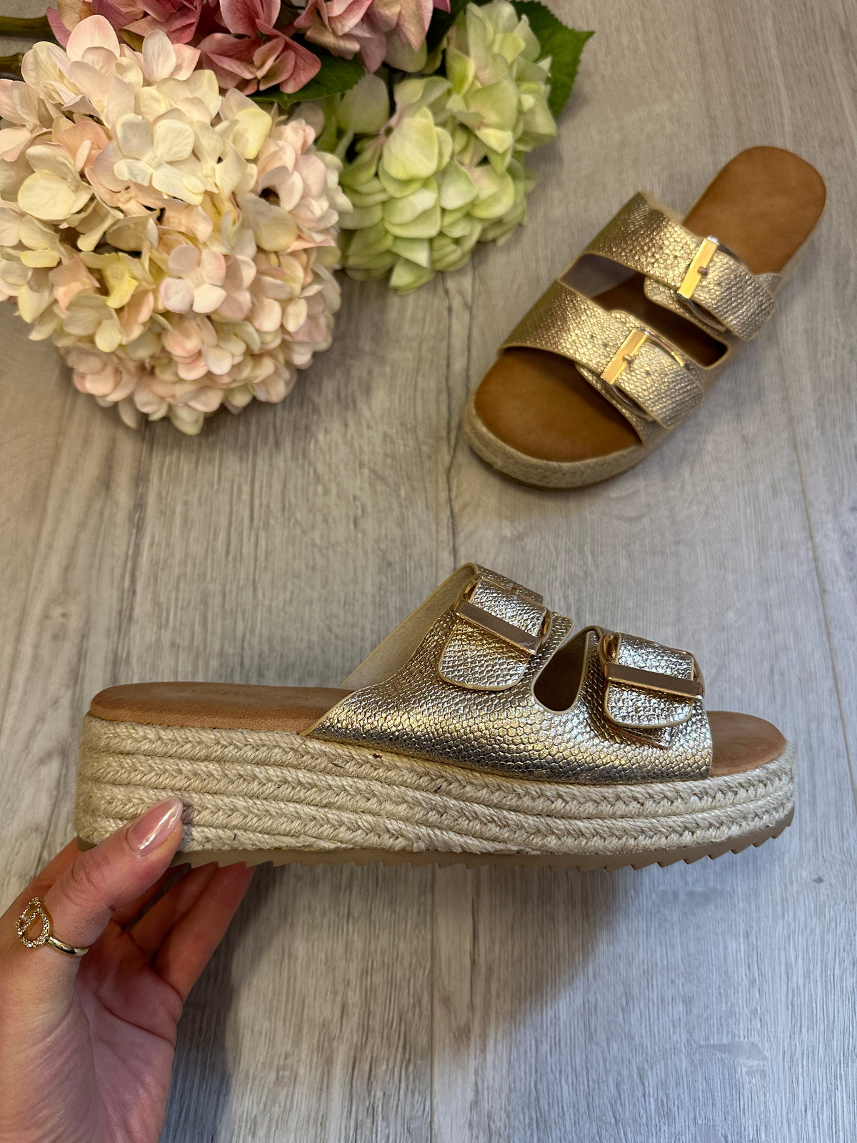 Sarah Buckle Slider Sandals In Gold