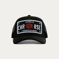Christian Rose Iconic II Red Rose Plate Trucker Cap In Back/White/Red