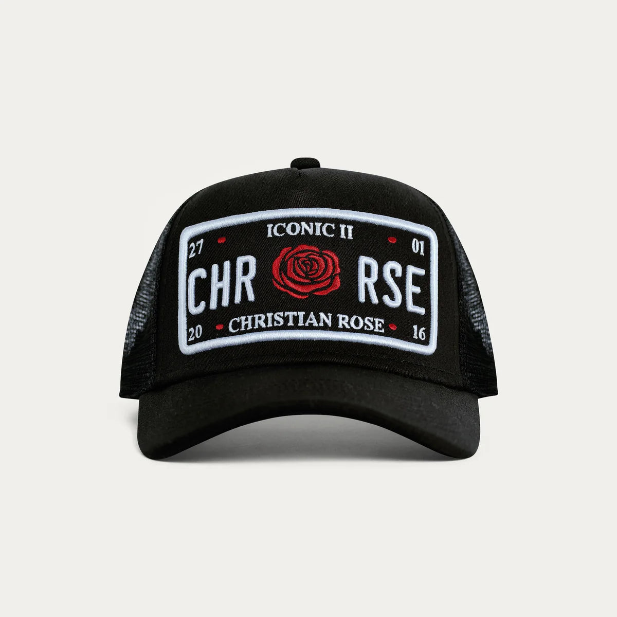 Christian Rose Iconic II Red Rose Plate Trucker Cap In Back/White/Red