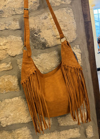 Faux Suede Tassel Bag In Tan