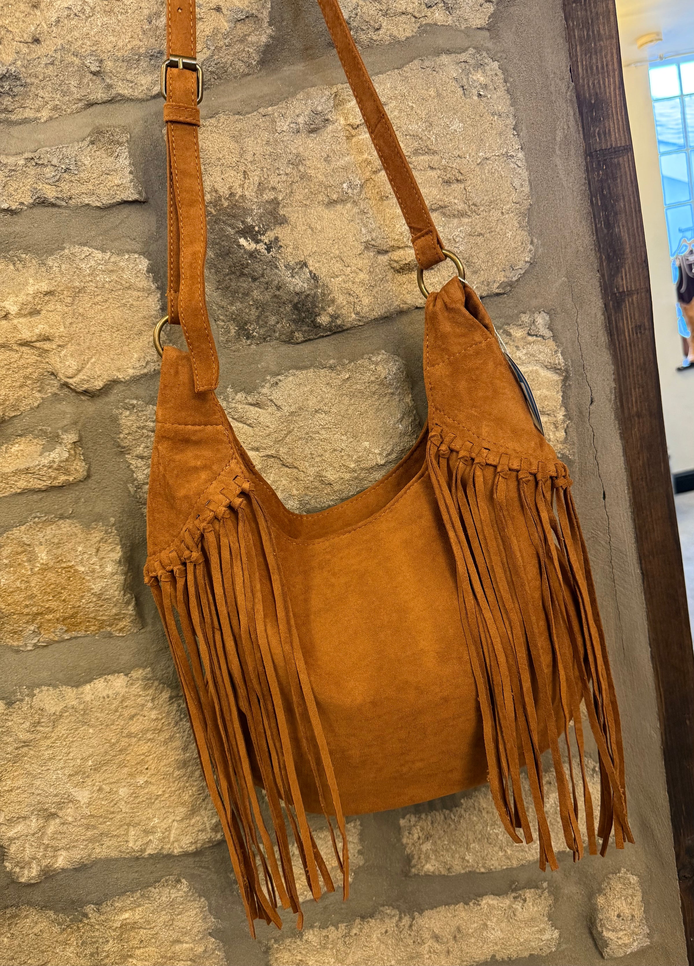 Faux Suede Tassel Bag In Tan