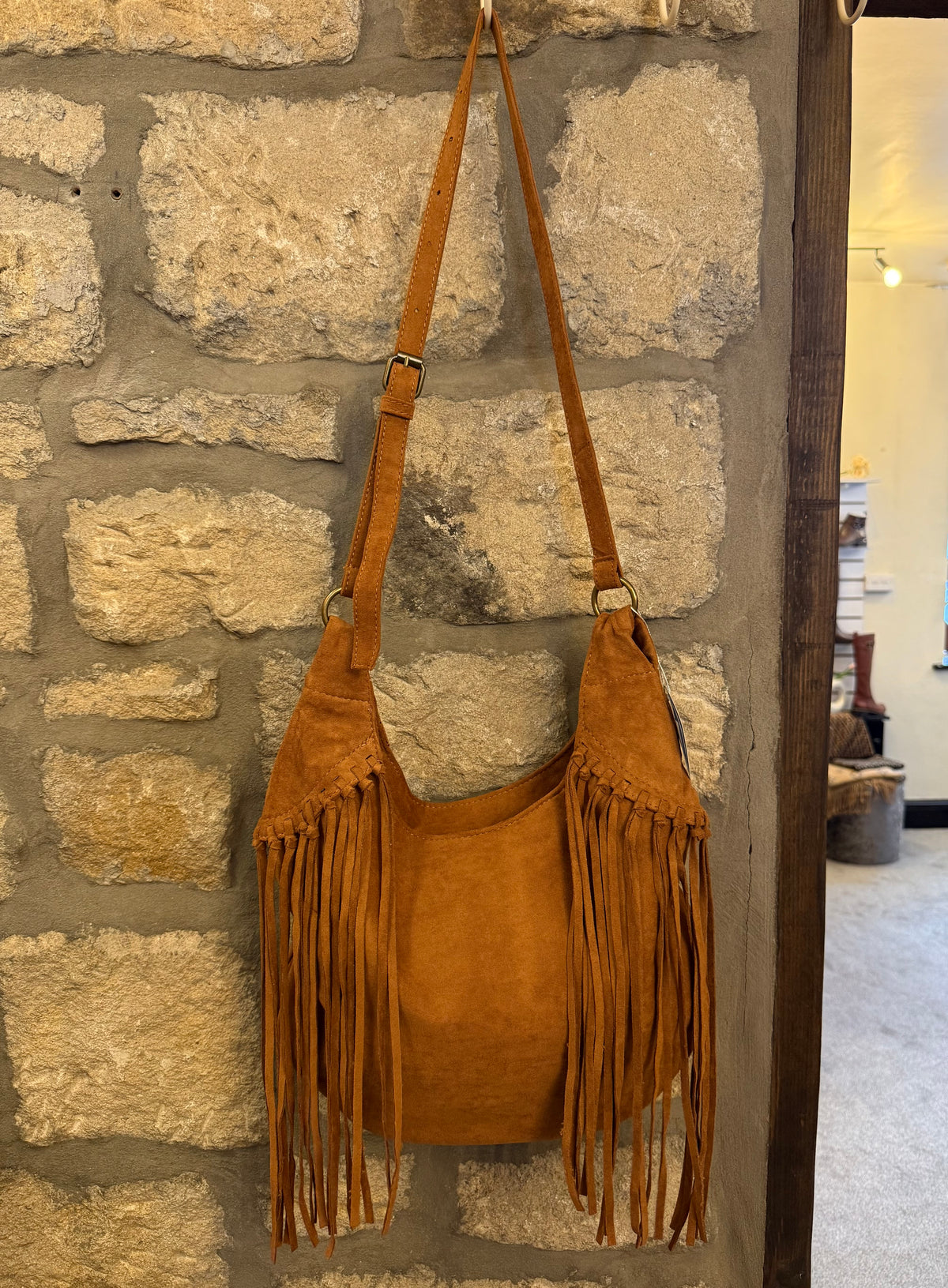 Faux Suede Tassel Bag In Tan