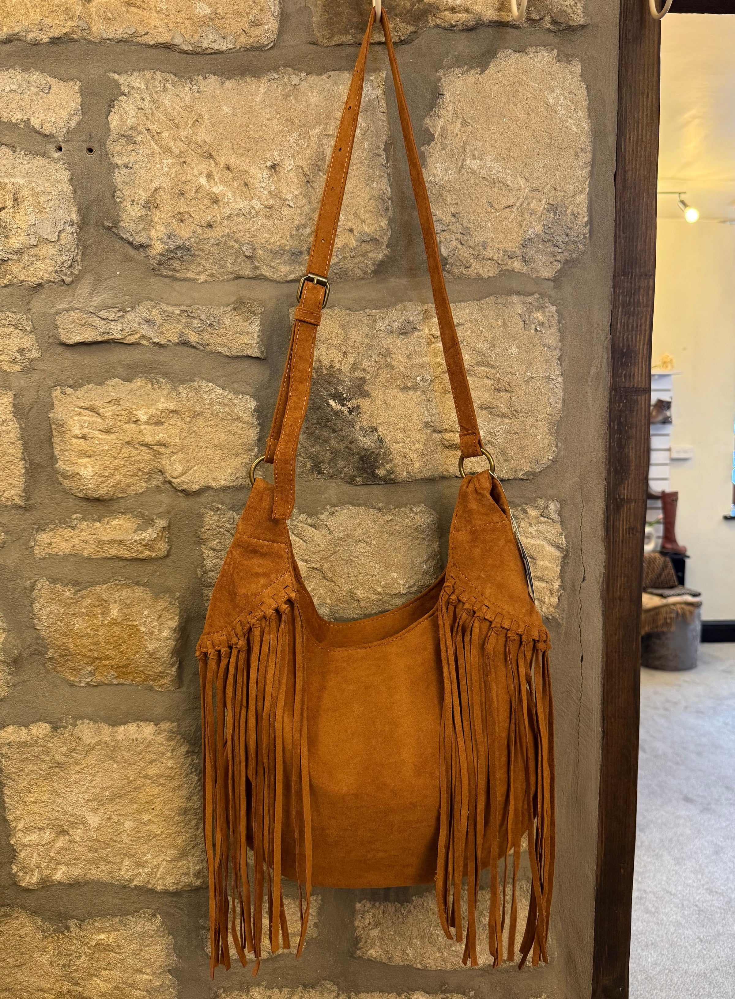 Faux Suede Tassel Bag In Tan