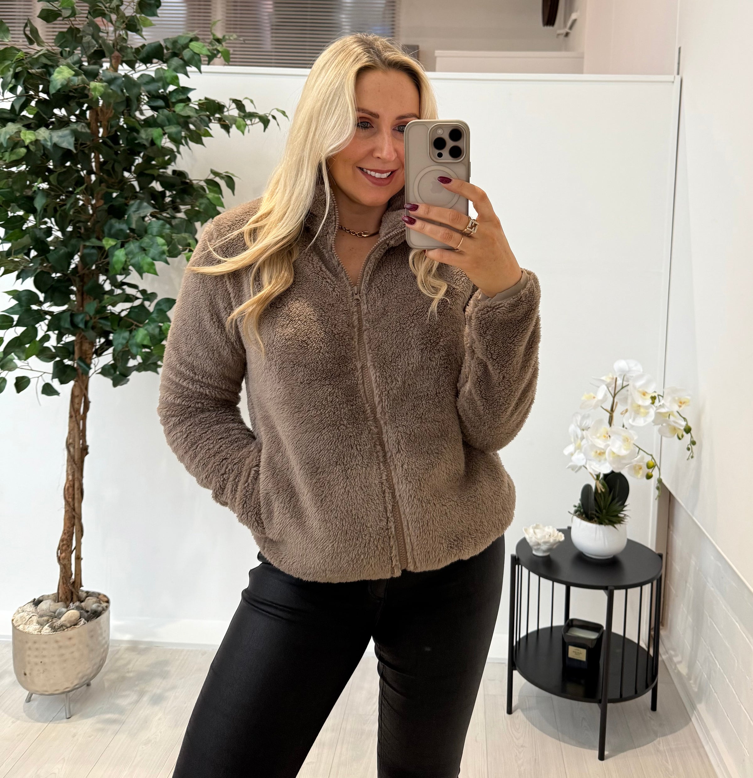 Teddy Zip Jacket In Taupe