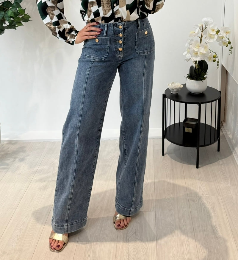 Gold Button Jeans In Mid Blue
