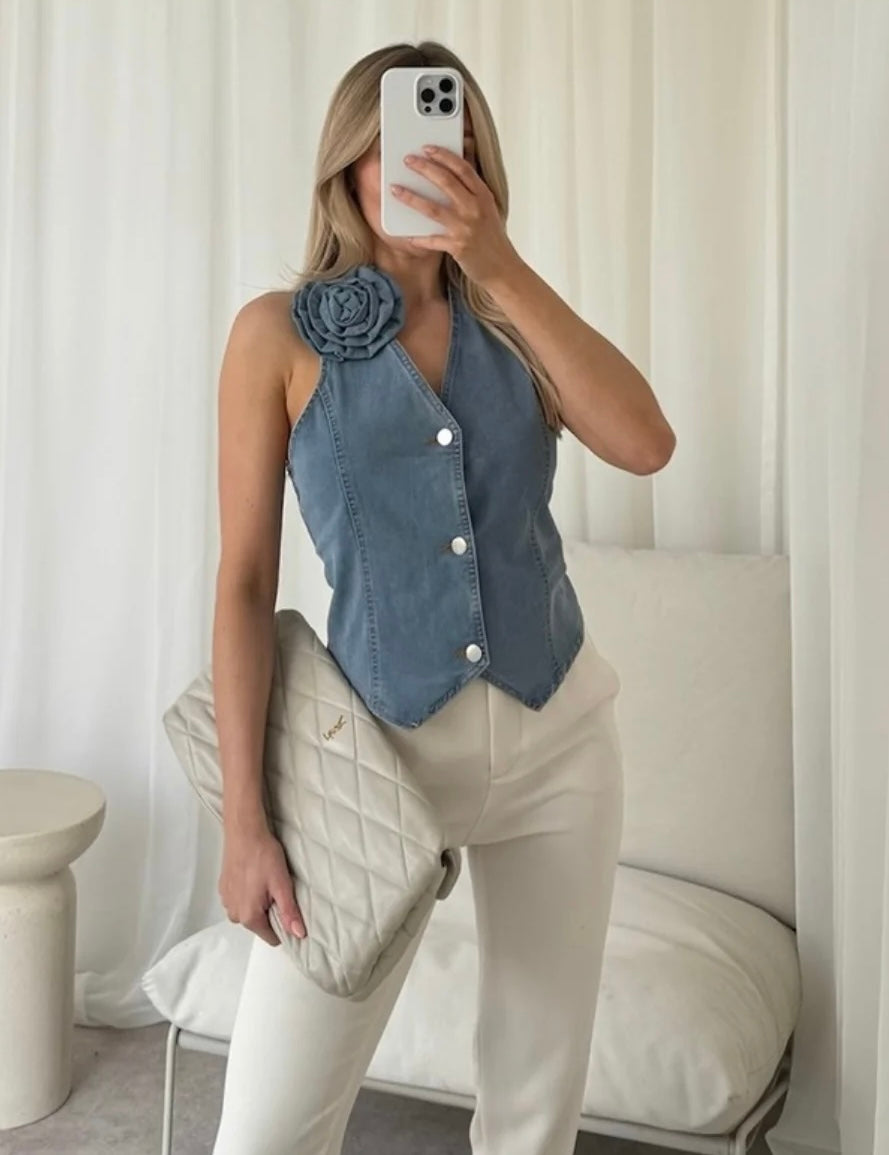 Corsage Denim Waistcoat In Mid Blue