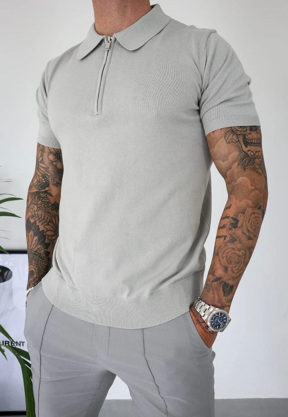 Capo Egyptian Cotton SS Zip Polo Shirt In Stone