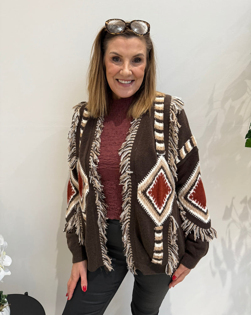 Amy Aztec Cardigan In Brown