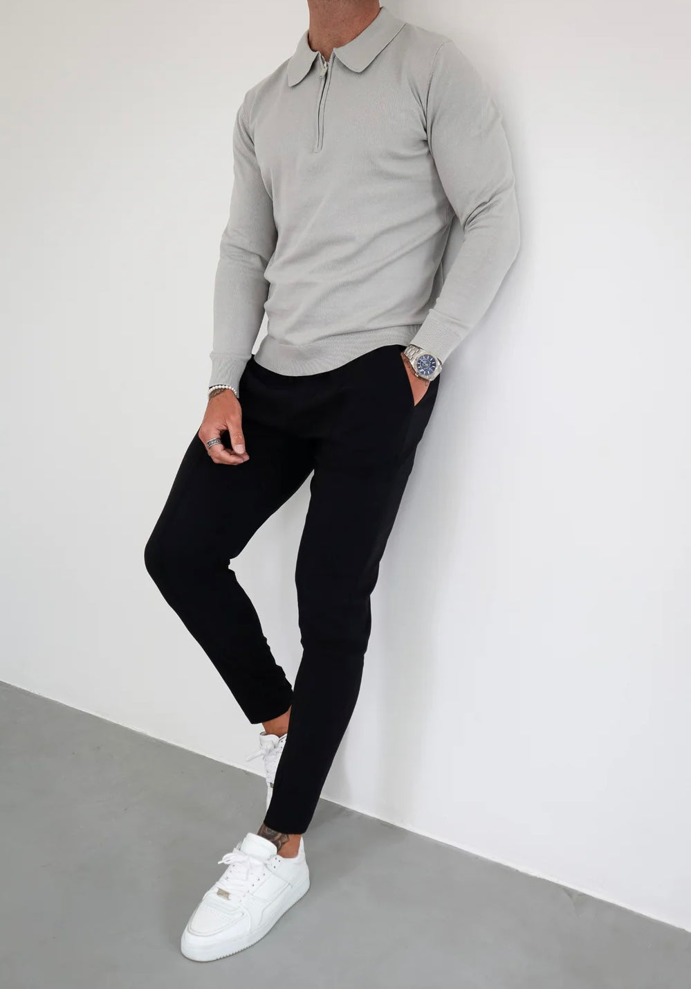 Capo Egyptian Cotton LS Zip Polo Shirt In Stone