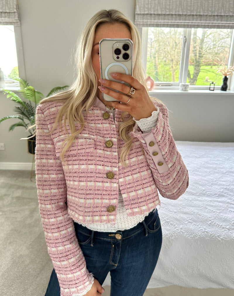 Chloe Cropped Tweed Blazer In Pink