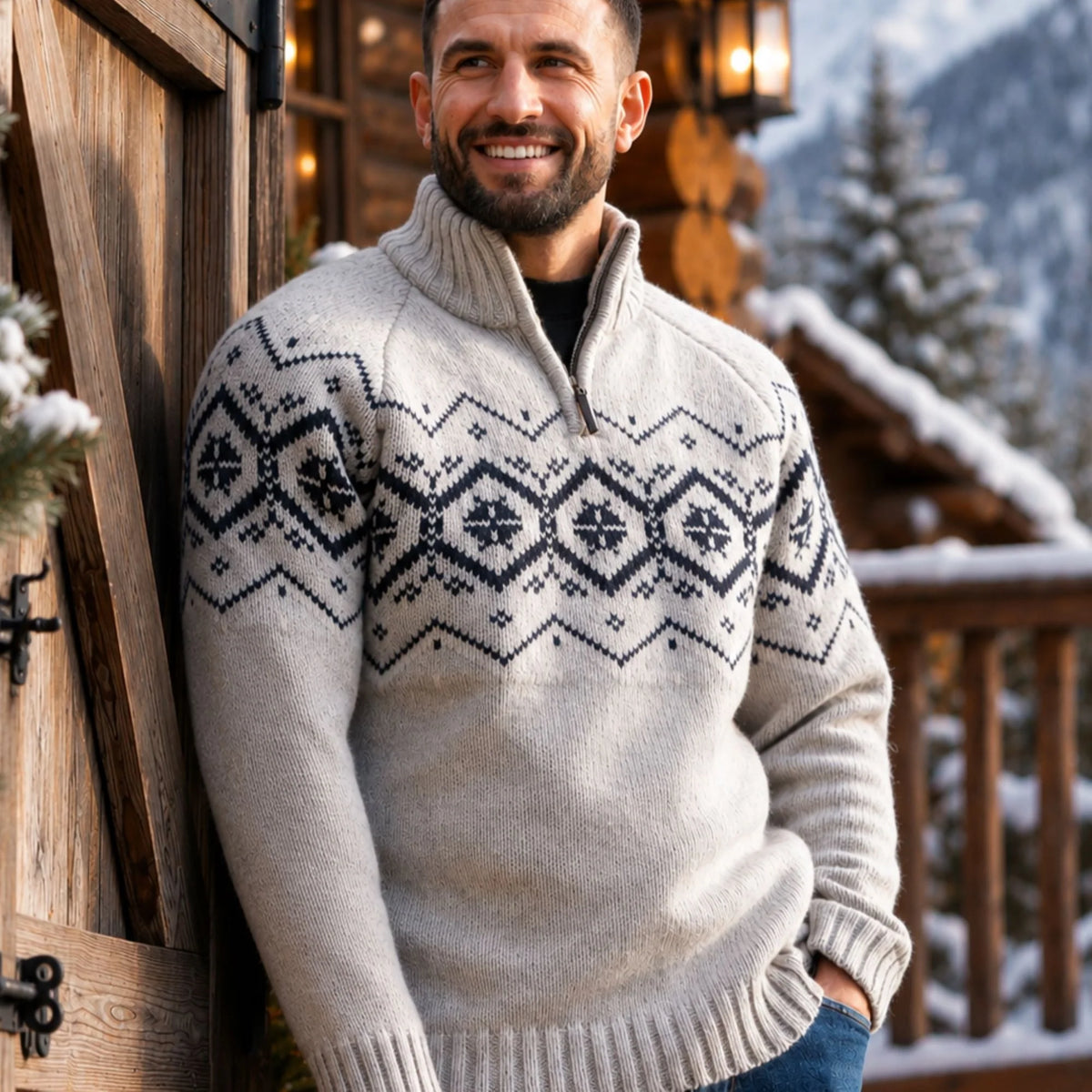 Nordic Pattern 1/4 Zip Sweater In Silver