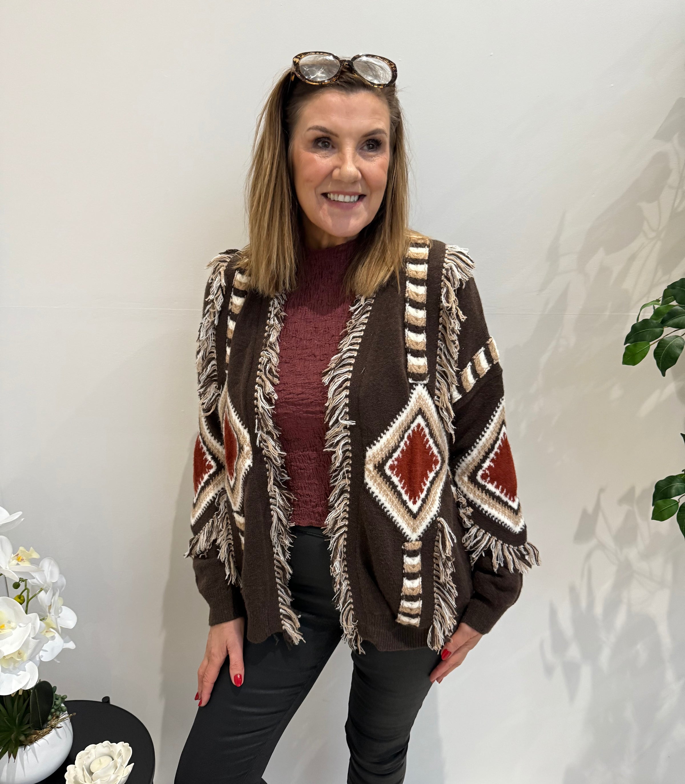 Amy Aztec Cardigan In Brown