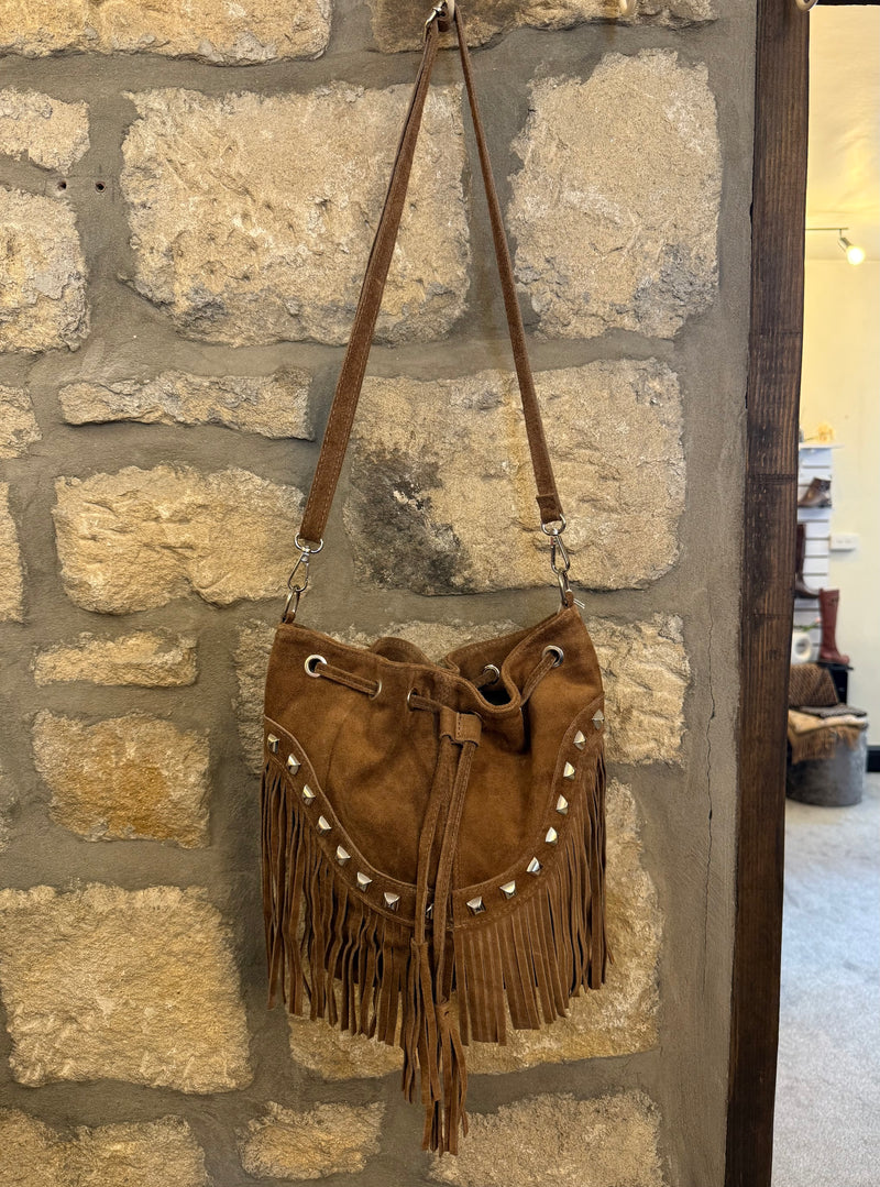 Studded Tassel Bag In Taupe