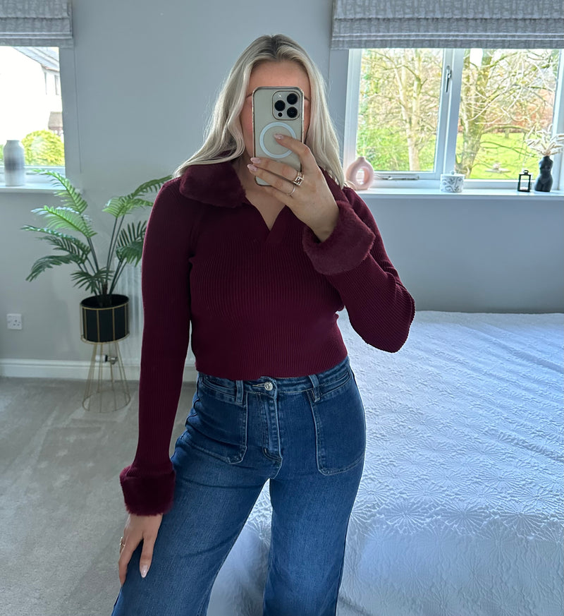 Blair Faux Fur Trim Jumper In Burgundy