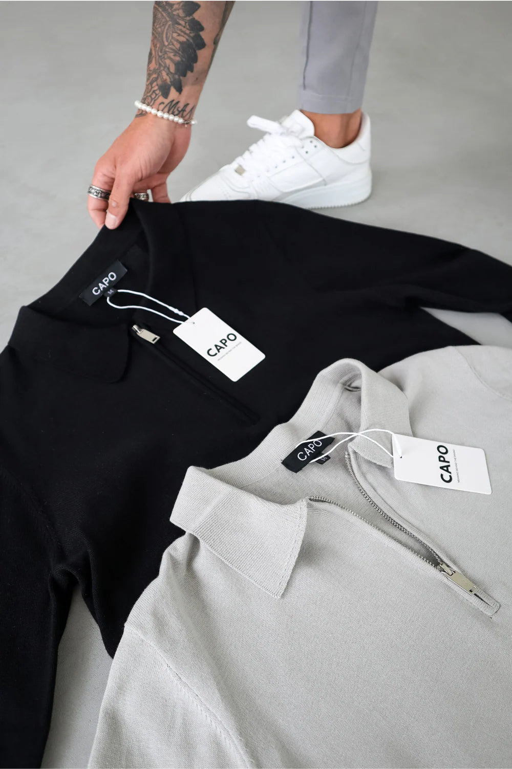 Capo Egyptian Cotton LS Zip Polo Shirt In Stone