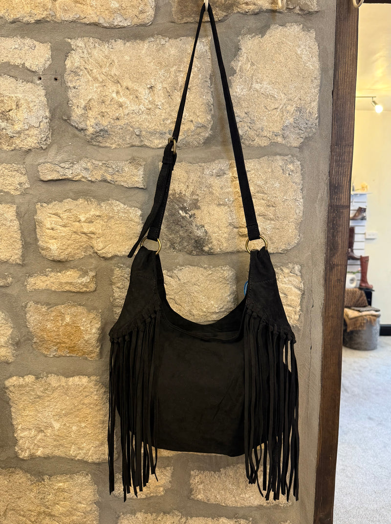 Faux Suede Tassel Bag In Black