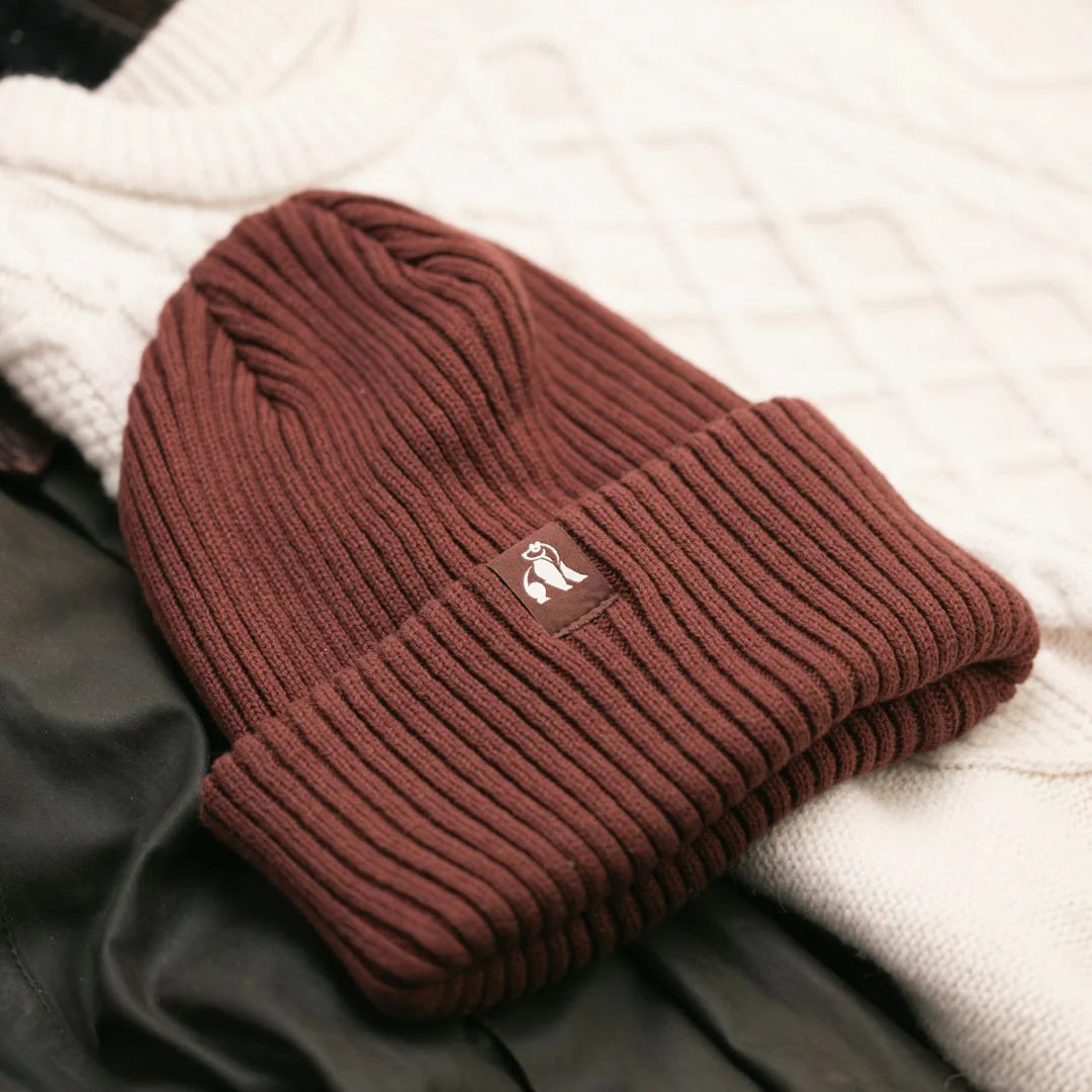 Organic Cotton Beanie In Burgundy/Brown